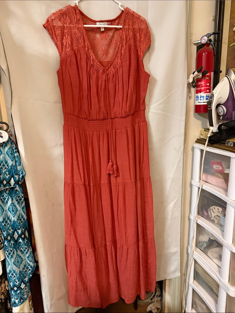 Luxology Burnt Orange Lace-Shoulder Tiered Maxi Dress